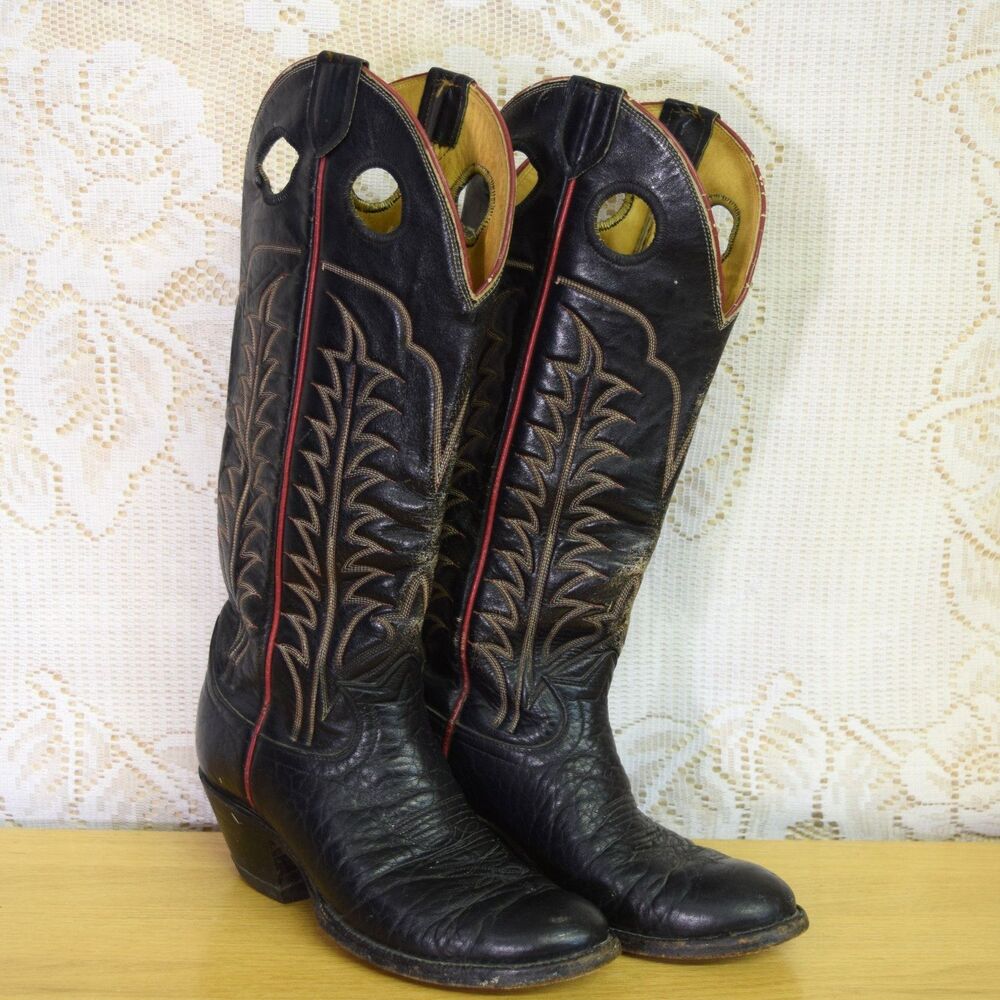 VTG Tony Lama Cowboy Boots 6361 Mens Sz 4.5 Black Buckaroo Tall Red = Women Sz 6